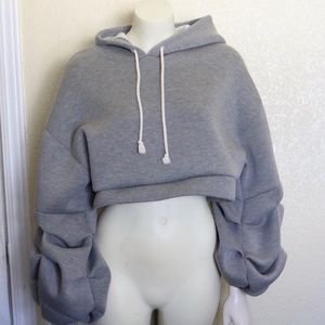 Puff Sleeve Cropped Hoodie Gray